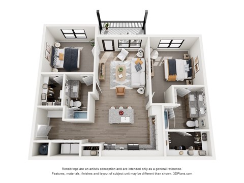 Floor plan for 2 beds, 2 baths, 1101 sqft